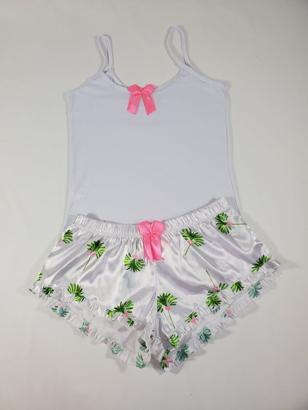 Sexy Women's pajama white satin shorts palm tree theme white blouse - Princess Pajamas