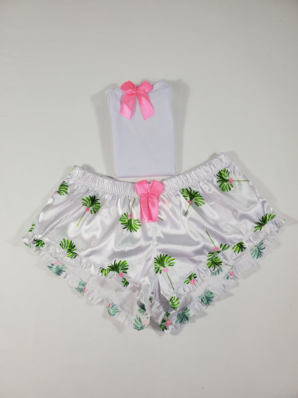 Sexy Women's pajama white satin shorts palm tree theme white blouse - Princess Pajamas