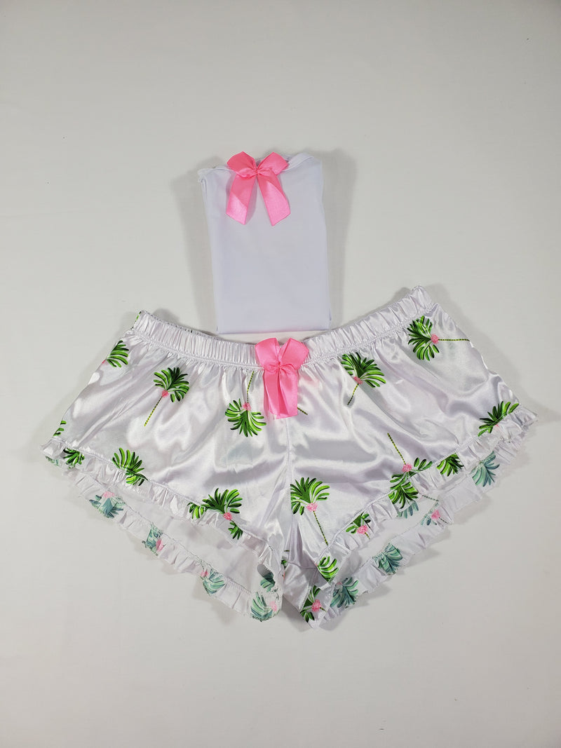 Sexy Women's pajama white satin shorts palm tree theme white blouse - Princess Pajamas