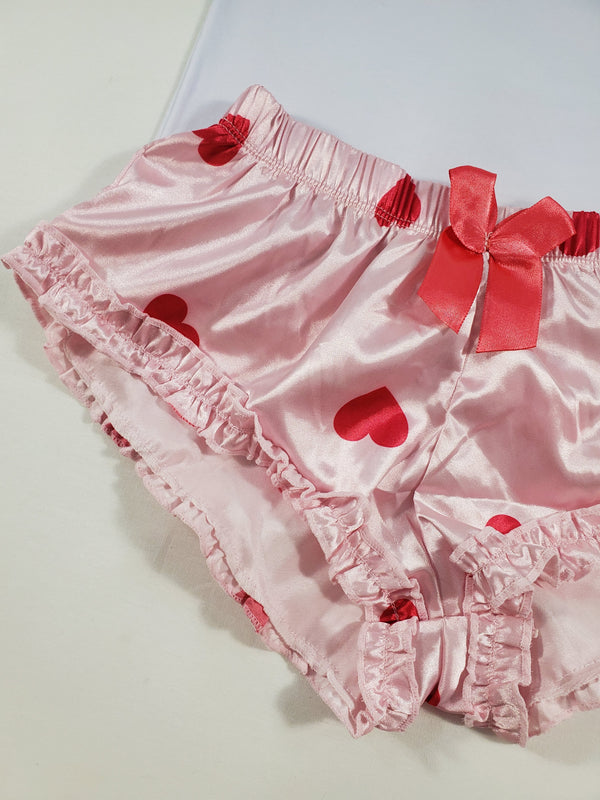 Women's Sexy pajama pink satin shorts with red hearts white blouse - Princess Pajamas
