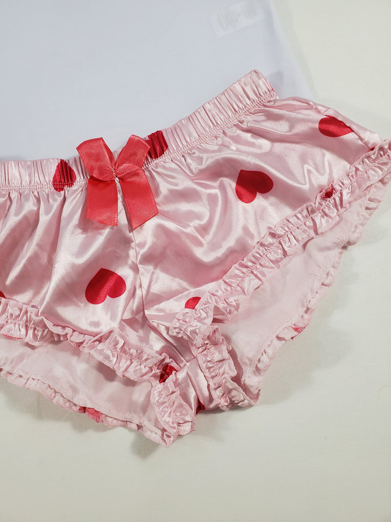 Women's Sexy pajama pink satin shorts with red hearts white blouse - Princess Pajamas