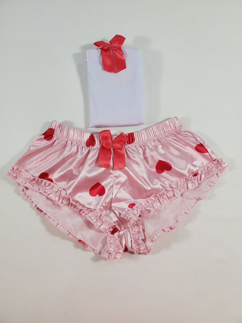 Women's Sexy pajama pink satin shorts with red hearts white blouse - Princess Pajamas