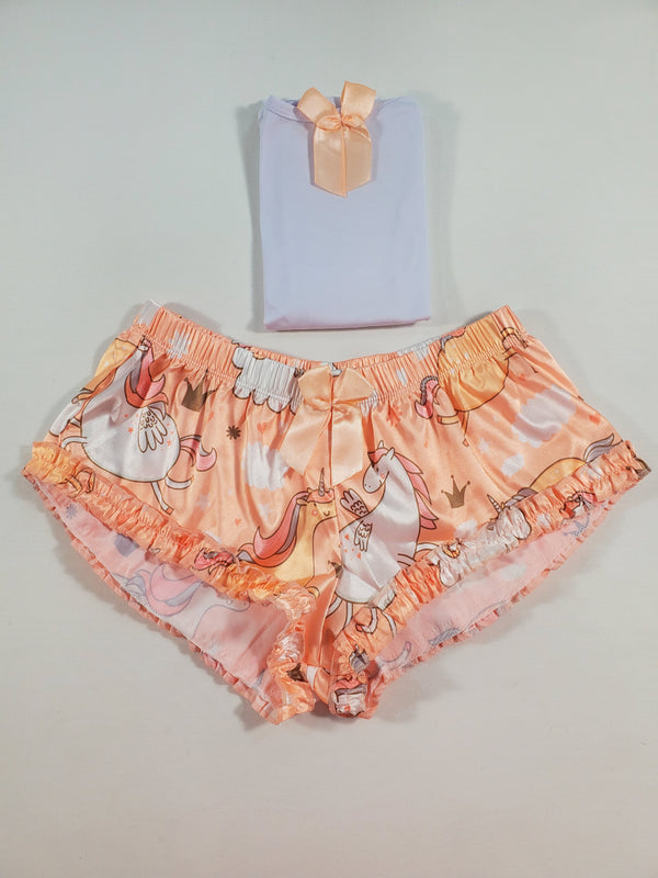 Women's Sexy pajama orange satin shorts with unicorns white blouse - Princess Pajamas