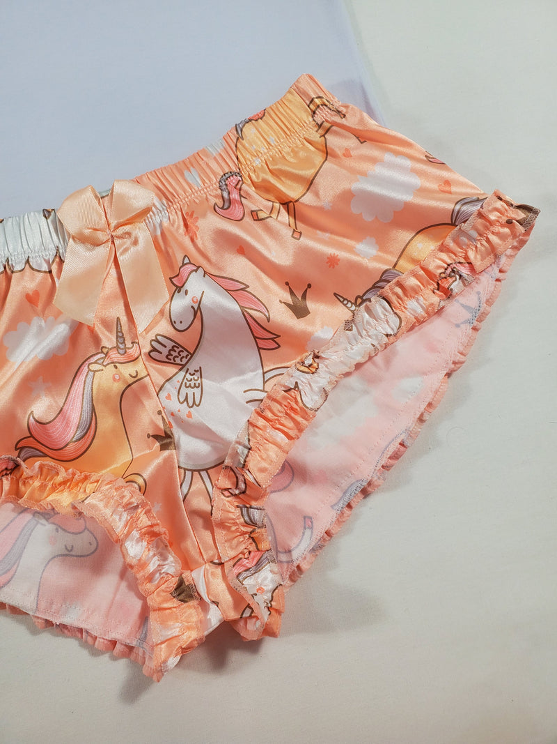 Women's Sexy pajama orange satin shorts with unicorns white blouse - Princess Pajamas