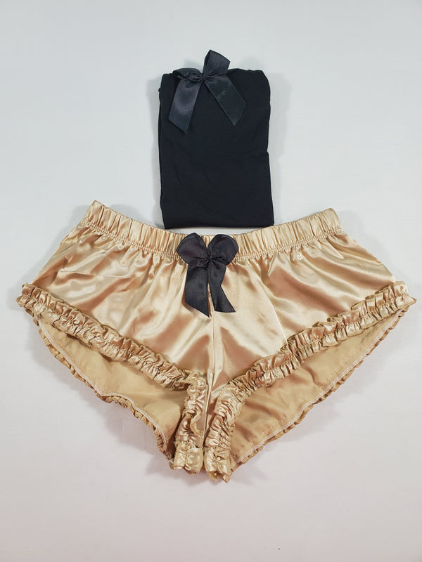 Women's Sexy pajama beige satin shorts black blouse - Princess Pajamas