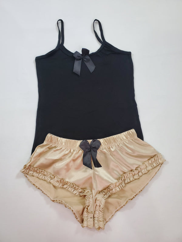 Women's Sexy pajama beige satin shorts black blouse - Princess Pajamas