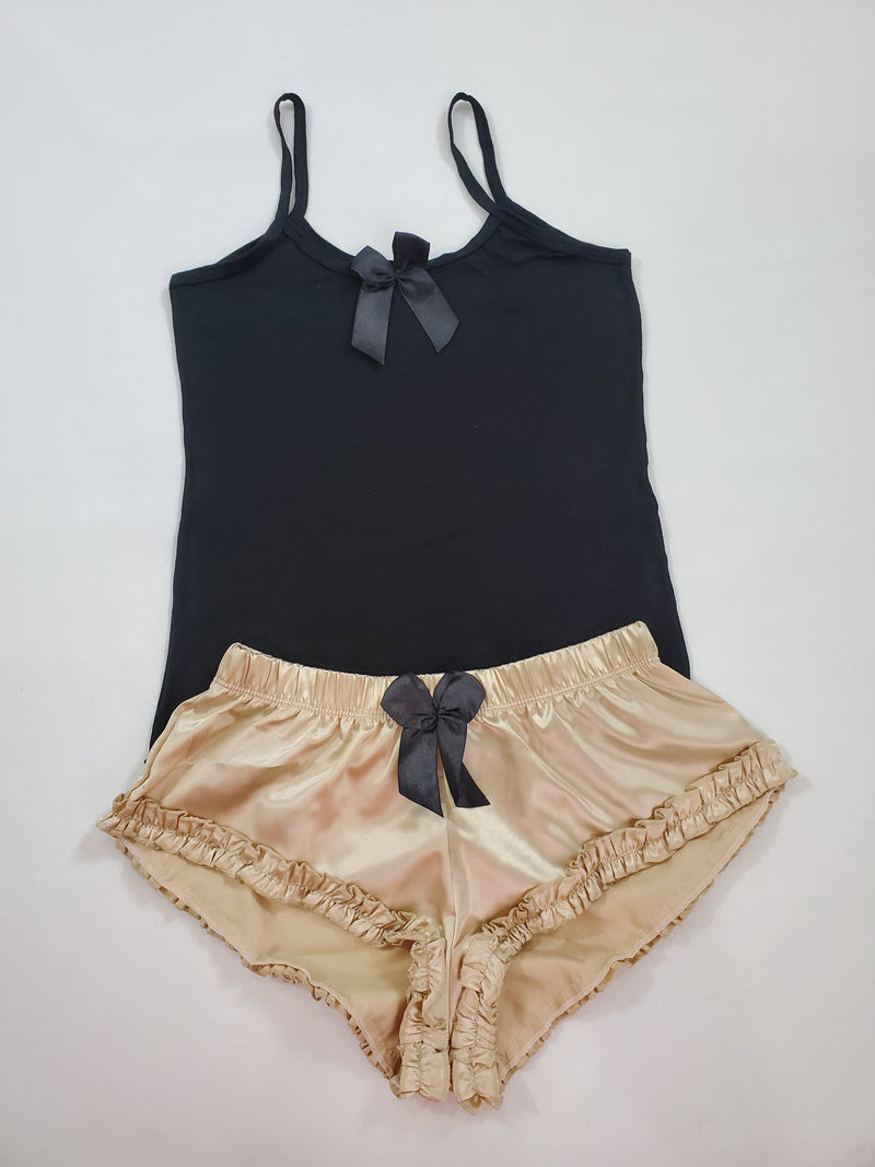 Princess Pajamas Women s Sexy Pajama Beige Satin Shorts Black Blouse