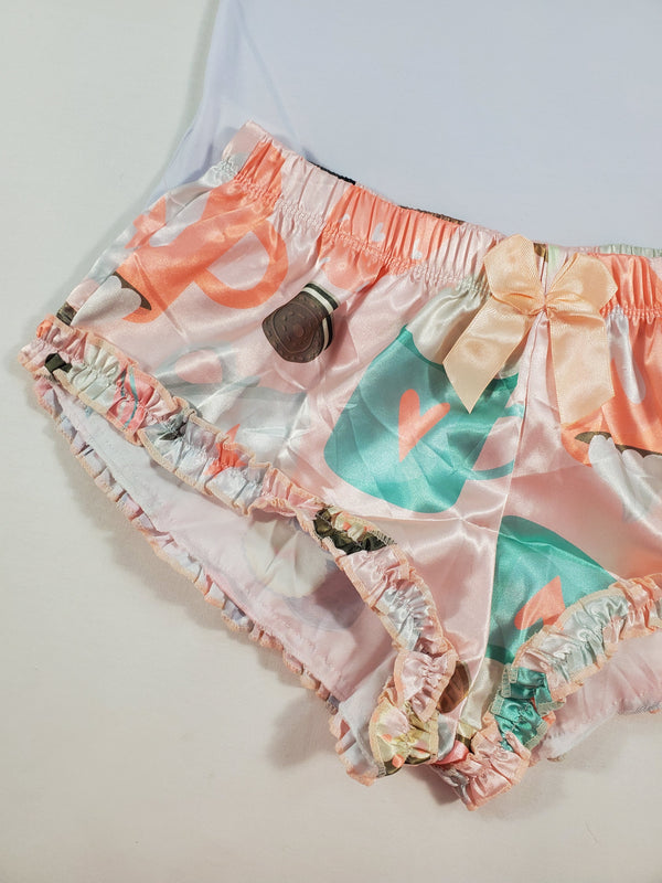 Women's Sexy pajama salmon satin shorts hot chocolate and cookies theme white blouse - Princess Pajamas