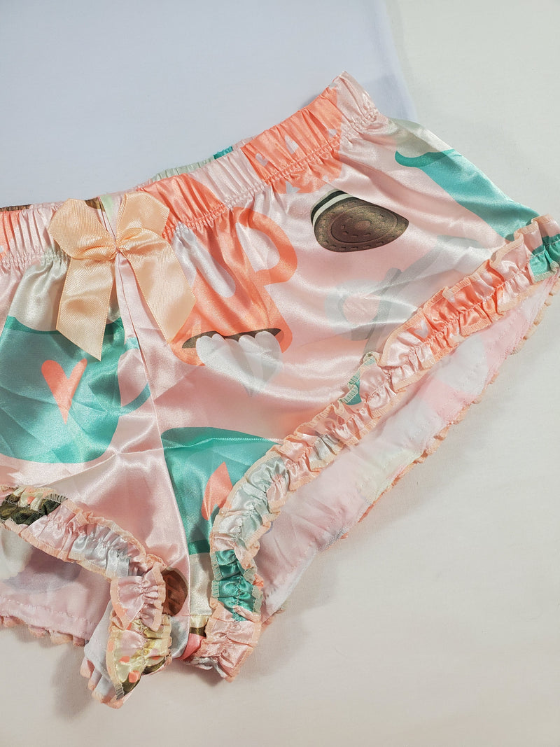 Women's Sexy pajama salmon satin shorts hot chocolate and cookies theme white blouse - Princess Pajamas