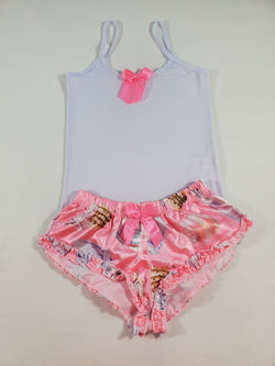 Women's Sexy pajama pink satin shorts cookies and milk theme white blouse - Princess Pajamas