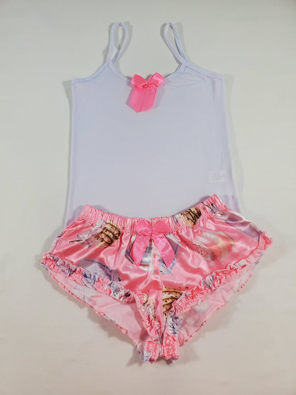 Women's Sexy pajama pink satin shorts cookies and milk theme white blouse - Princess Pajamas