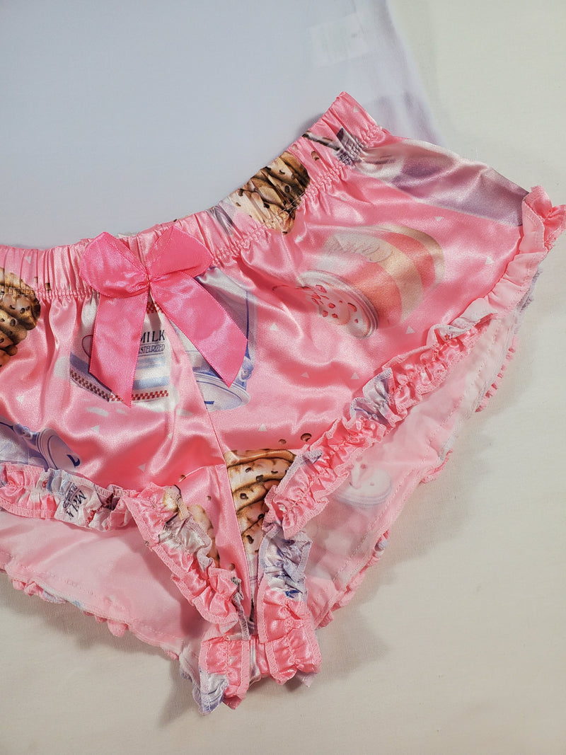 Women's Sexy pajama pink satin shorts cookies and milk theme white blouse - Princess Pajamas