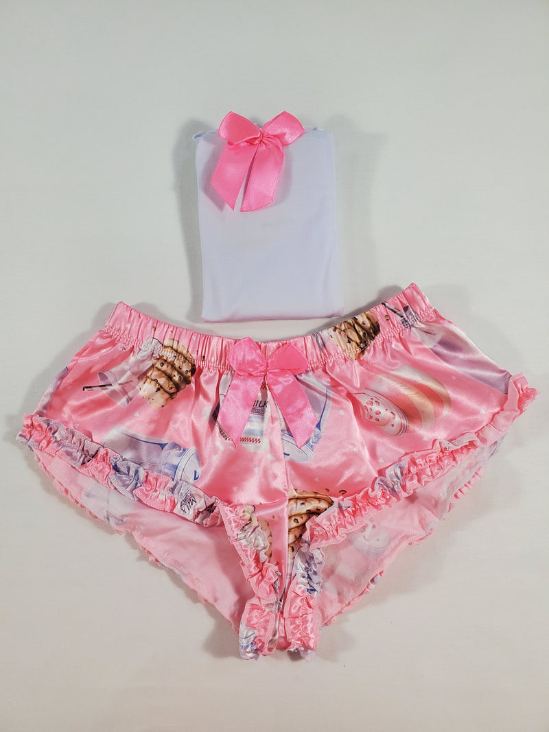 Women's Sexy pajama pink satin shorts cookies and milk theme white blouse - Princess Pajamas