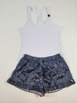 Women's Mellow satin pajamas black shorts with outer space theme white blouse - Princess Pajamas