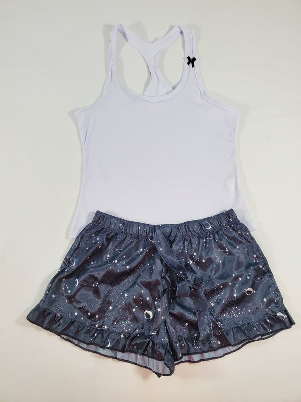 Women's Mellow satin pajamas black shorts with outer space theme white blouse - Princess Pajamas