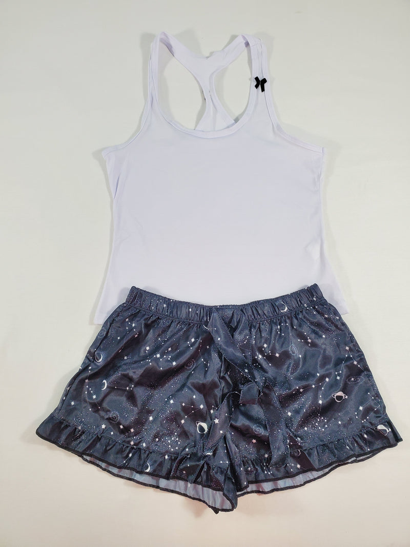 Women's Mellow satin pajamas black shorts with outer space theme white blouse - Princess Pajamas