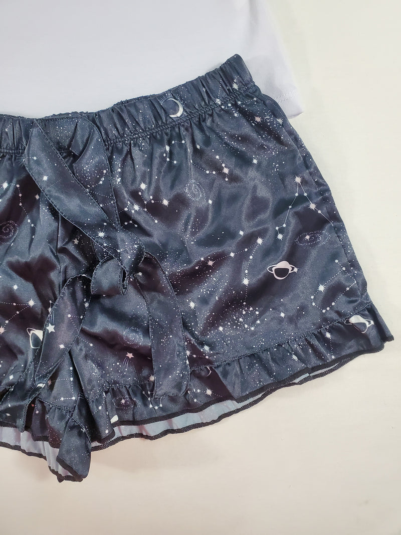 Women's Mellow satin pajamas black shorts with outer space theme white blouse - Princess Pajamas