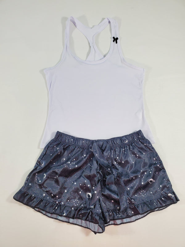 Women's Mellow satin pajamas black shorts with outer space theme white blouse - Princess Pajamas