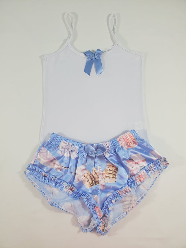 Women's Sexy pajama blue satin shorts cookies and milk theme white blouse - Princess Pajamas
