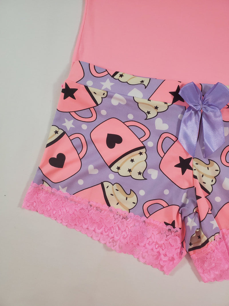 Women's Pijama set purple tutu shorts hot chocolate theme pink blouse - Princess Pajamas