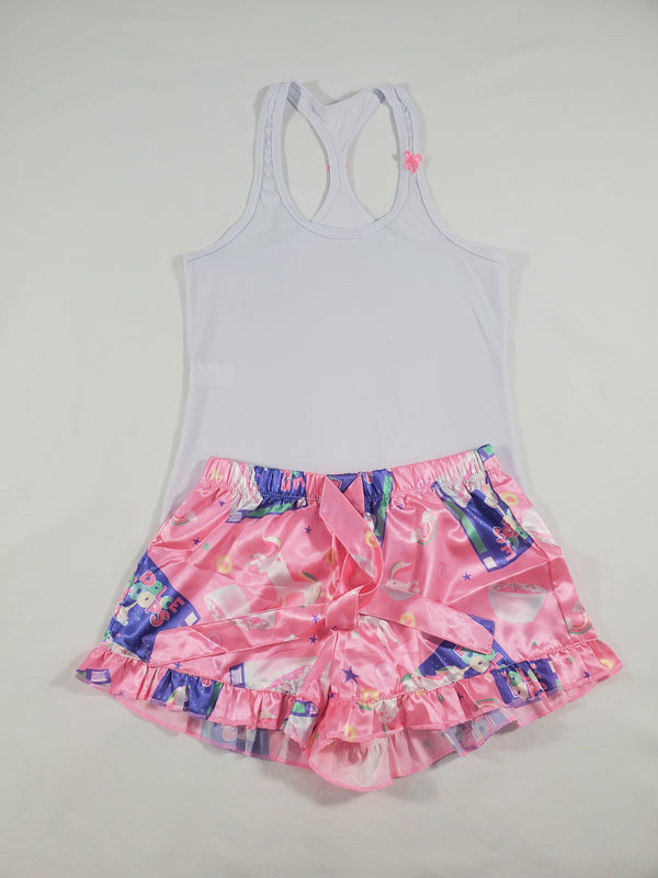 Women's Mellow pajama set pink satin shorts breakfast cereal theme white blouse - Princess Pajamas