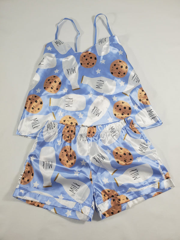Women's Blue satin pajama set cookies and milk theme shorts and blouse - Princess Pajamas