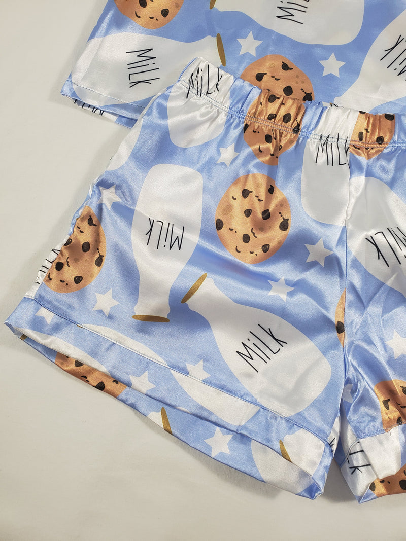 Women's Blue satin pajama set cookies and milk theme shorts and blouse - Princess Pajamas