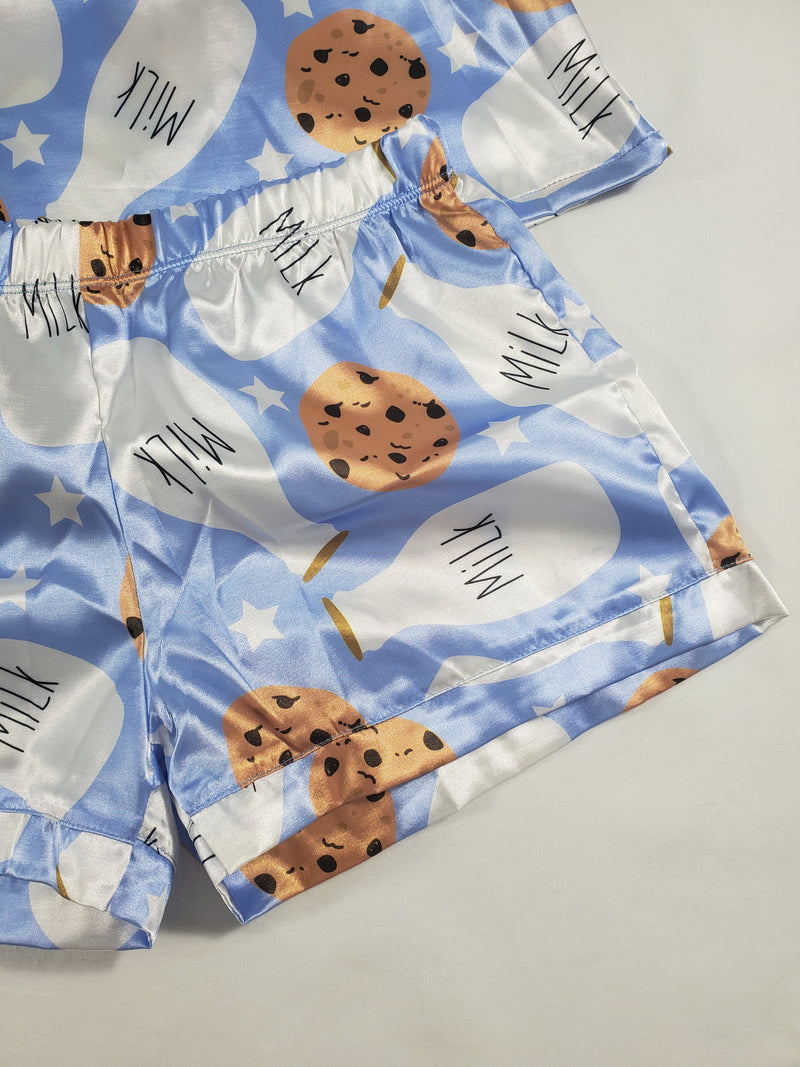 Women's Blue satin pajama set cookies and milk theme shorts and blouse - Princess Pajamas