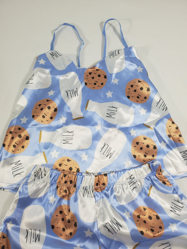 Women's Blue satin pajama set cookies and milk theme shorts and blouse - Princess Pajamas