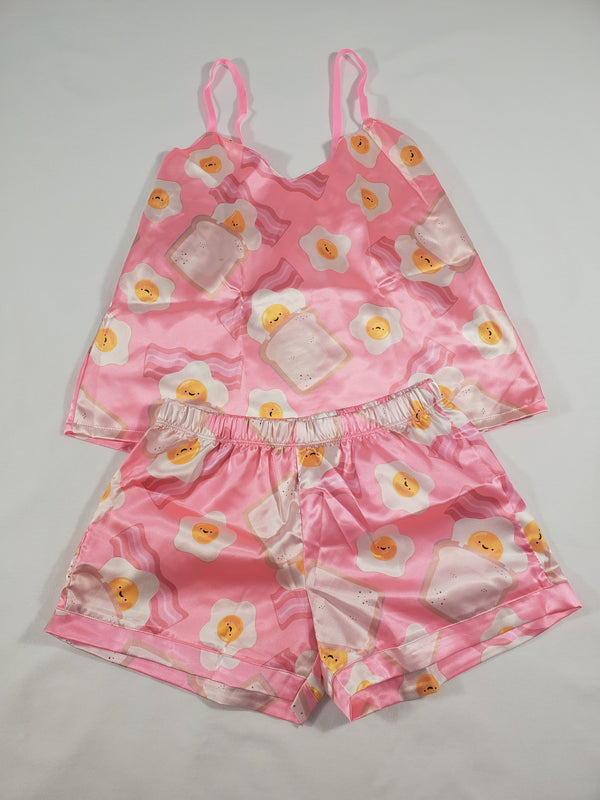 Women's Pink satin pajama set fried eggs bacon and toast theme shorts and blouse - Princess Pajamas
