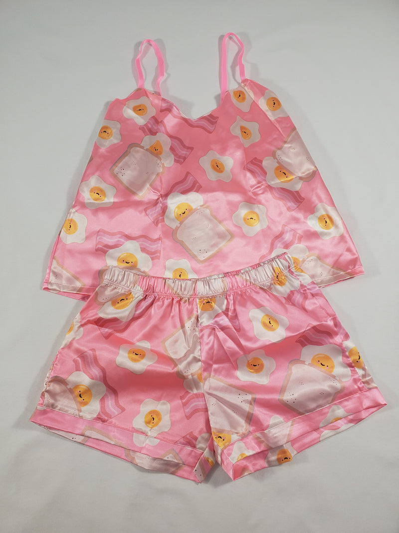 Women's Pink satin pajama set fried eggs bacon and toast theme shorts and blouse - Princess Pajamas