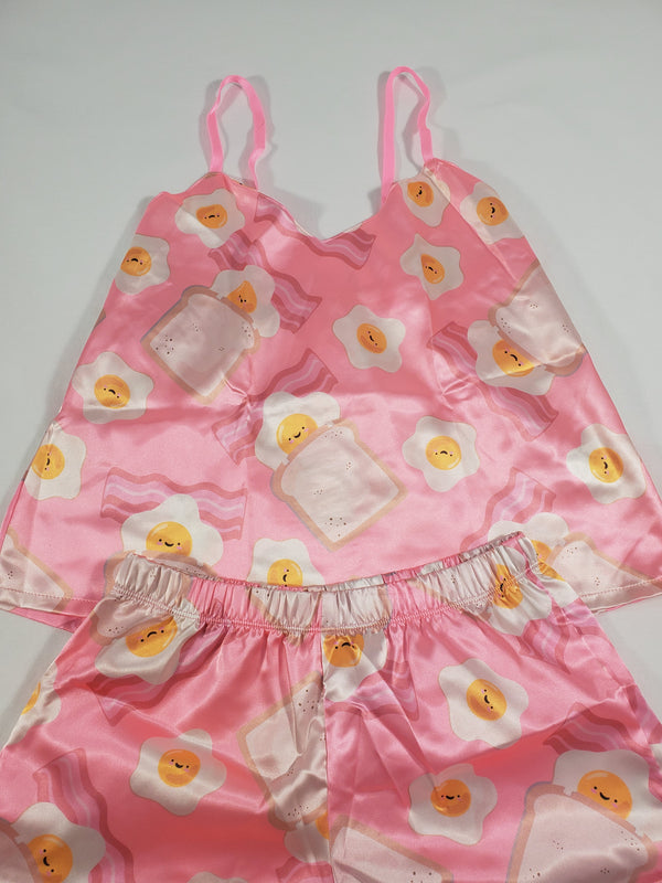 Women's Pink satin pajama set fried eggs bacon and toast theme shorts and blouse - Princess Pajamas