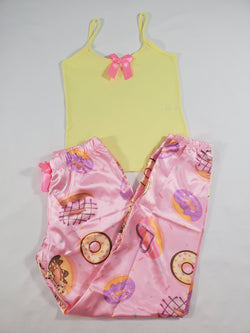 Women's Sexy pink satin pajama set donuts theme pants yellow blouse - Princess Pajamas