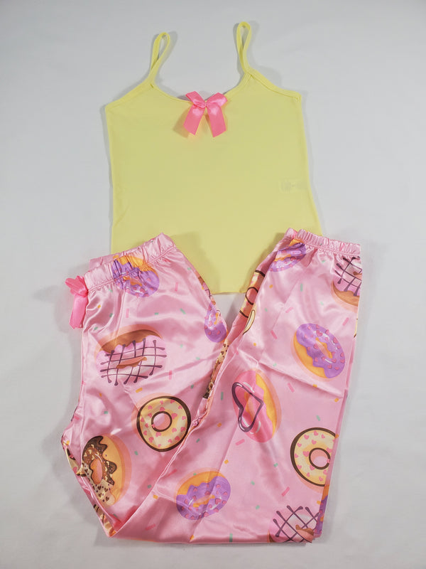 Women's Sexy pink satin pajama set donuts theme pants yellow blouse - Princess Pajamas