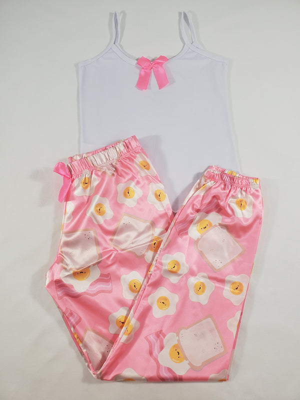 Women's Sexy pink satin pajama set fried eggs theme pants white blouse - Princess Pajamas