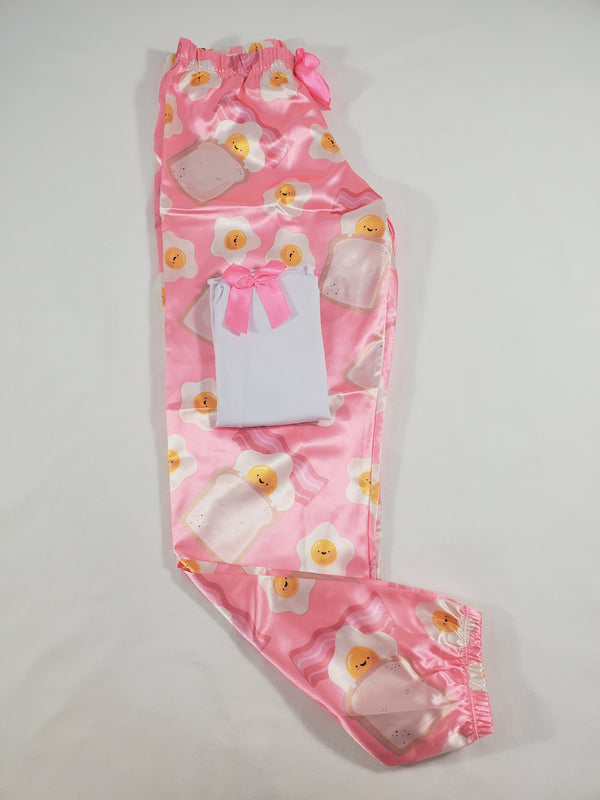Women's Sexy pink satin pajama set fried eggs theme pants white blouse - Princess Pajamas