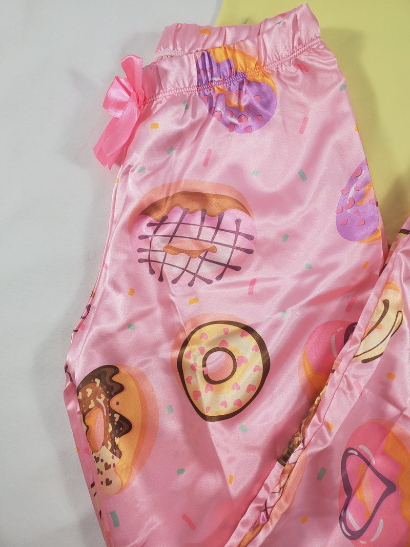 Women's Sexy pink satin pajama set donuts theme pants yellow blouse - Princess Pajamas