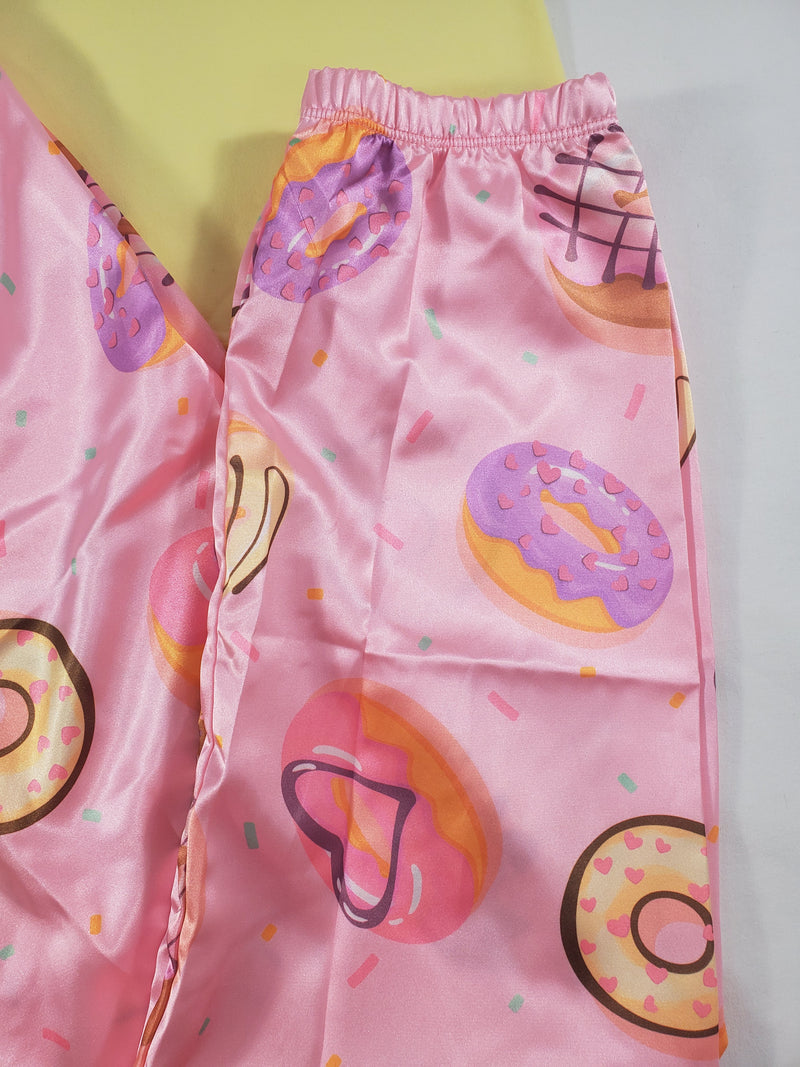Women's Sexy pink satin pajama set donuts theme pants yellow blouse - Princess Pajamas