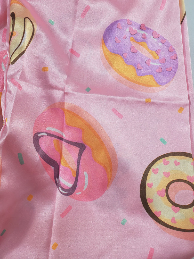 Women's Sexy pink satin pajama set donuts theme pants yellow blouse - Princess Pajamas