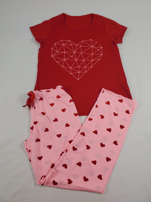 Women's Sexy classic pajama set pink pants with red hearts theme red shirt - Princess Pajamas