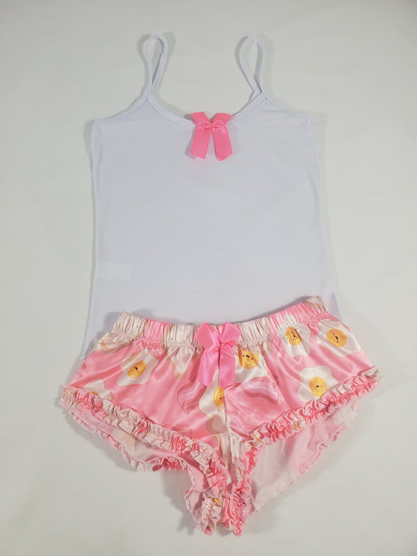 Women's Sexy pajama pink satin shorts fried eggs and toast theme white blouse - Princess Pajamas