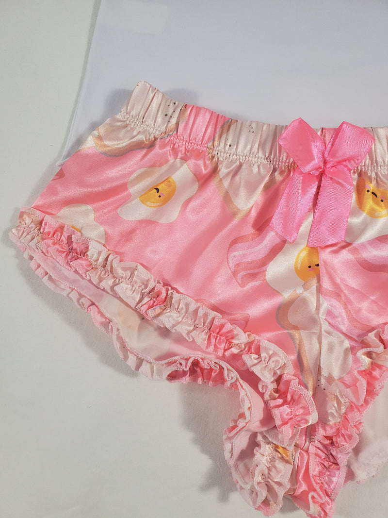 Women's Sexy pajama pink satin shorts fried eggs and toast theme white blouse - Princess Pajamas