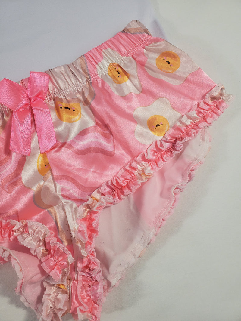 Women's Sexy pajama pink satin shorts fried eggs and toast theme white blouse - Princess Pajamas