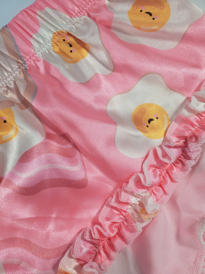 Women's Sexy pajama pink satin shorts fried eggs and toast theme white blouse - Princess Pajamas
