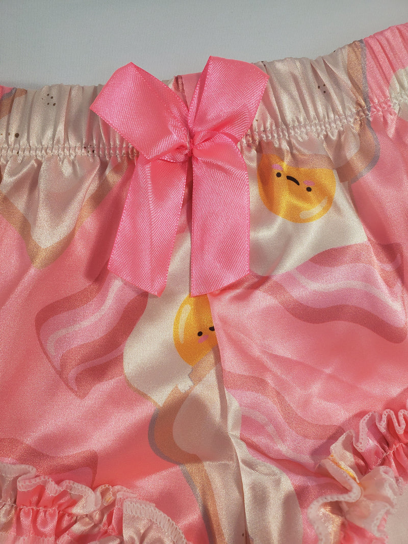 Women's Sexy pajama pink satin shorts fried eggs and toast theme white blouse - Princess Pajamas