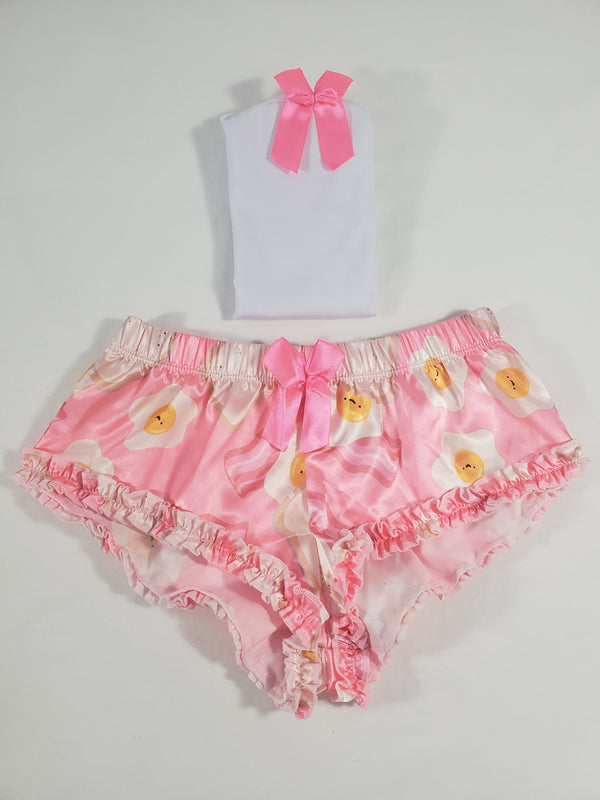 Women's Sexy pajama pink satin shorts fried eggs and toast theme white blouse - Princess Pajamas