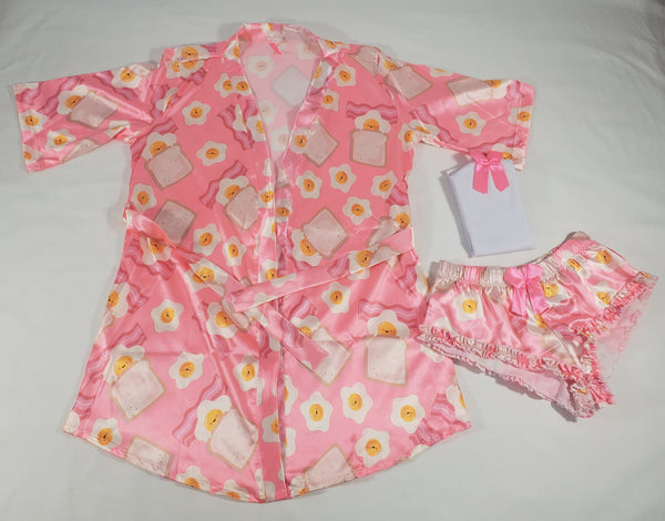 Women's 3-piece pink set satin robe and sexy shorts fried eggs and toast theme classic white blouse - Princess Pajamas