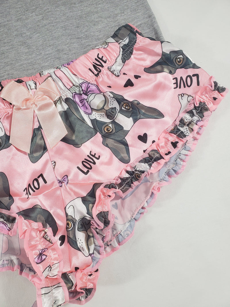 Women's Sexy pajama pink satin shorts puppies theme gray blouse - Princess Pajamas