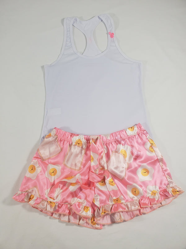 Women's Mellow pajama set pink satin shorts fried eggs and toast theme white blouse - Princess Pajamas