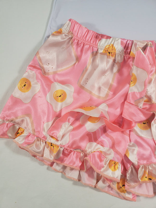 Women's Mellow pajama set pink satin shorts fried eggs and toast theme white blouse - Princess Pajamas